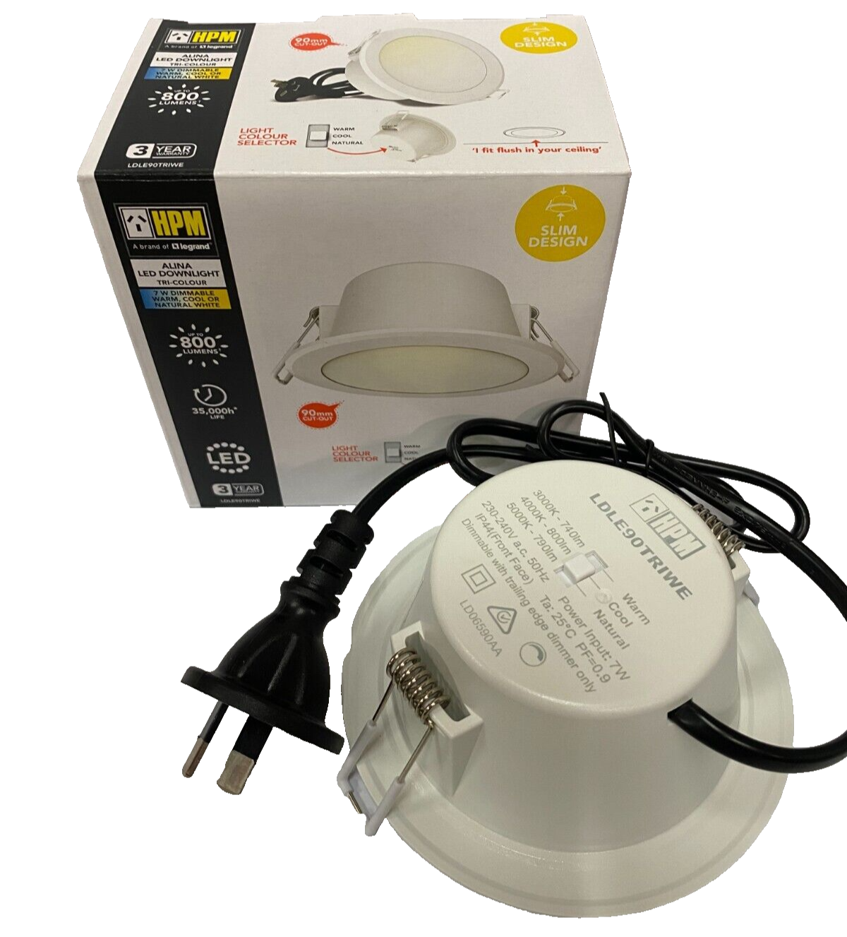 24 PACK - HPM DOWNLIGHT - LDLE90TRIWE Tri-Colour - LED - 90mm Cut Out Flex&Plug