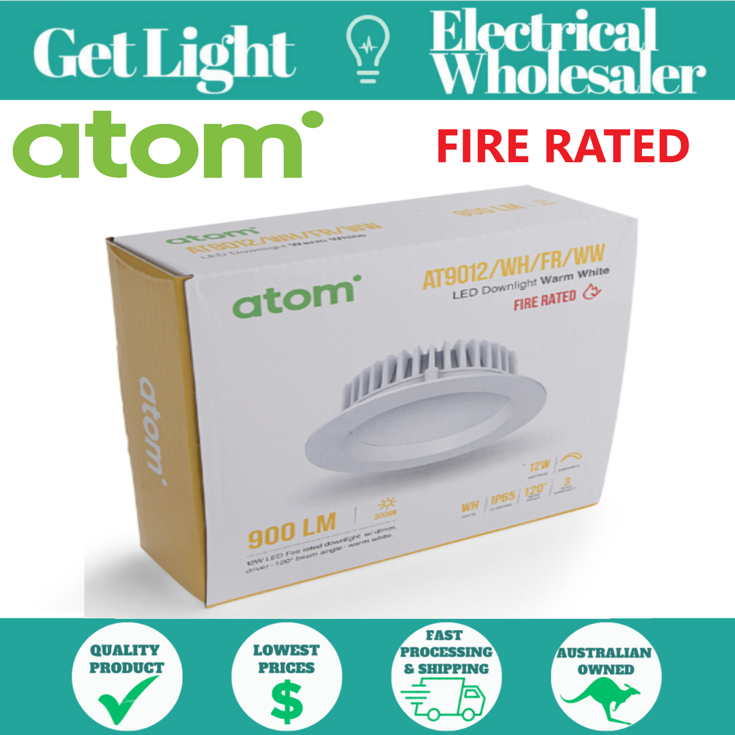 Atom 12W Fire Rated Dimmable LED Downlight Kit Warm White | AT9012/WH/FR/WW