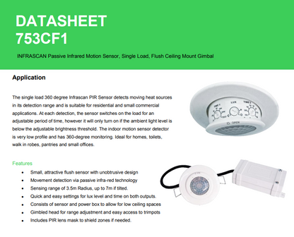 Clipsal  753CF1   Infrascan PIR Sensor -  240V AC 360° 3-Wire Gimbled Head