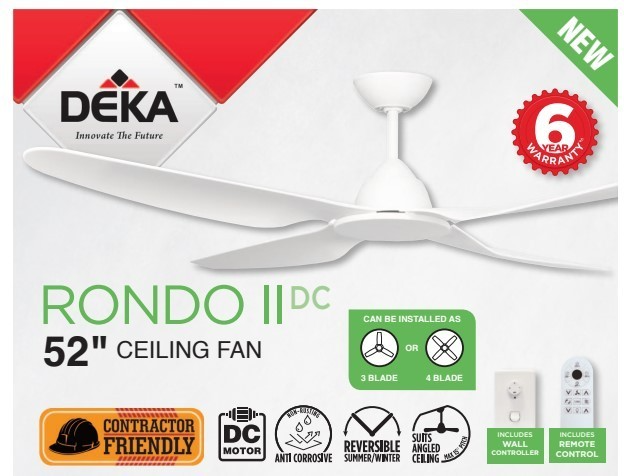 Deka Rondo II DC White 4 Blade Ceiling Fan 52" Includes Remote & wall Control