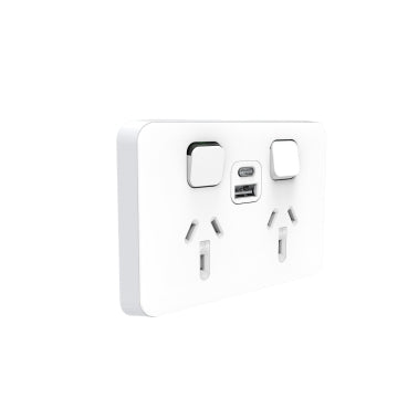 Clipsal 3025USBAC-VW Iconic double power point with USB-A and USB-C 10A 250V, vivid white