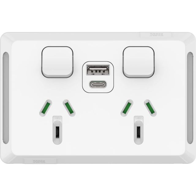 Clipsal P3025USBACXW Pro Series twin socket with USB-A and USB-C charger 10A, extra vivid white