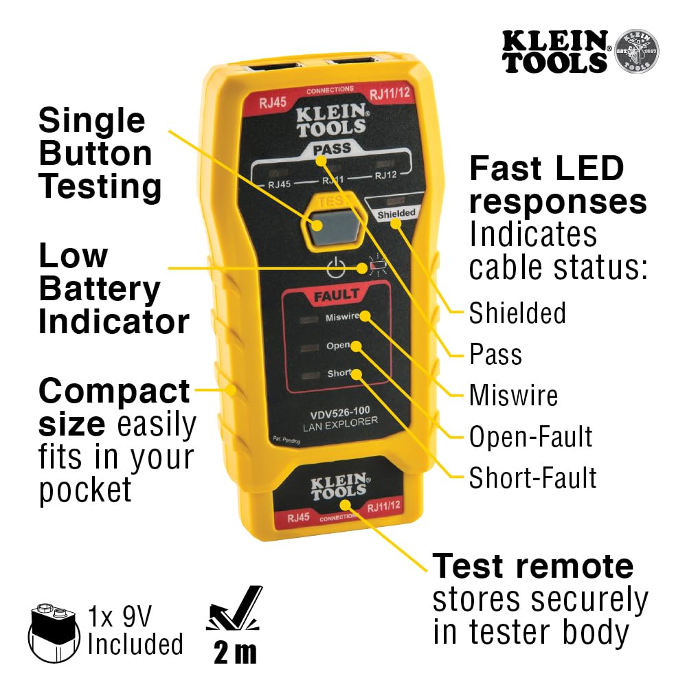 Klein Tools VDV526-100 Compact Cable Tester Starter Kit RJ11 RJ12 RJ45 with Remote