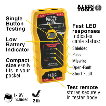 Klein Tools VDV526-100 Compact Cable Tester Starter Kit RJ11 RJ12 RJ45 with Remote