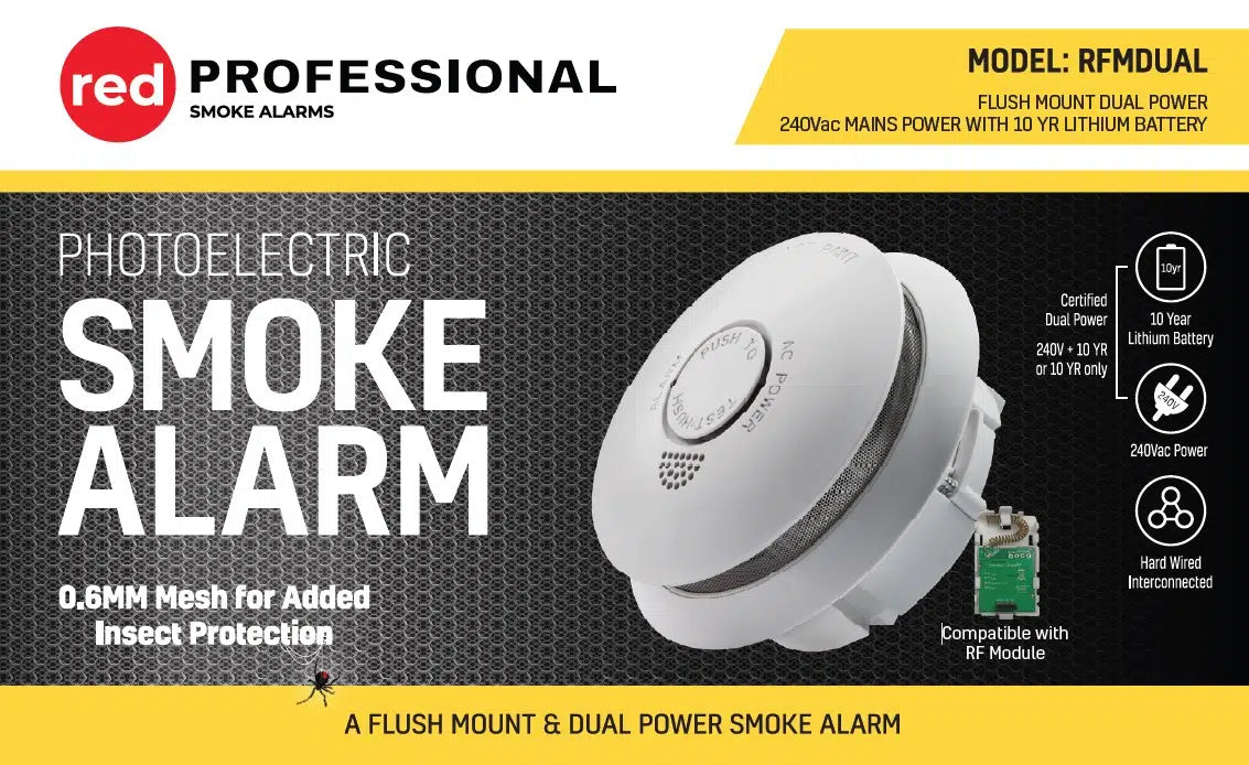 Red Smoke Alarms RFMDUAL | Photoelectric Dual Power 240V 10-Year Lithium Backup