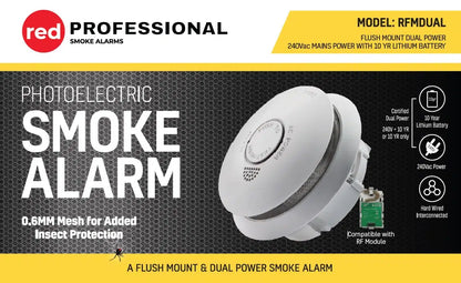 Red Smoke Alarms RFMDUAL | Photoelectric Dual Power 240V 10-Year Lithium Backup