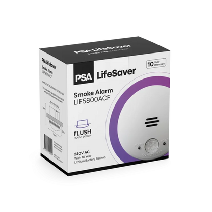 PSA Lifesaver LIF5800ACF 240V flush mount smoke alarm with 10 year battery backup