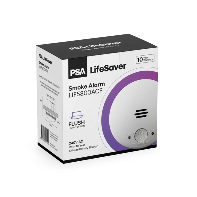 PSA Lifesaver LIF5800ACF 240V flush mount smoke alarm with 10 year battery backup