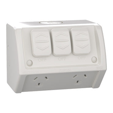 Clipsal WSC227/2XRG Weatherproof Twin Socket Outlet with Extra Switch 10A 250V Resistant Grey