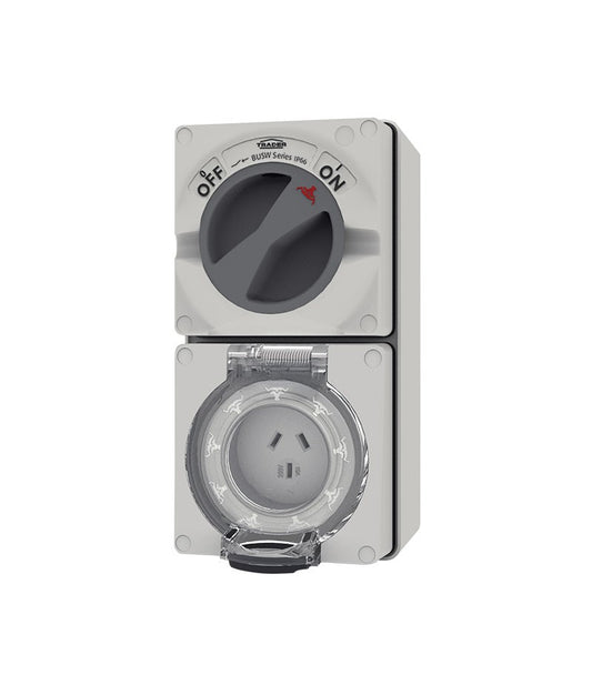 Trader BUC310 combination switched socket IP66 10A 250V, 3 flat pin, grey