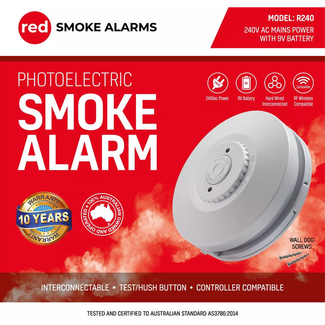 Red Smoke Alarms R240 photoelectric smoke alarm 240V/9V, interconnectable