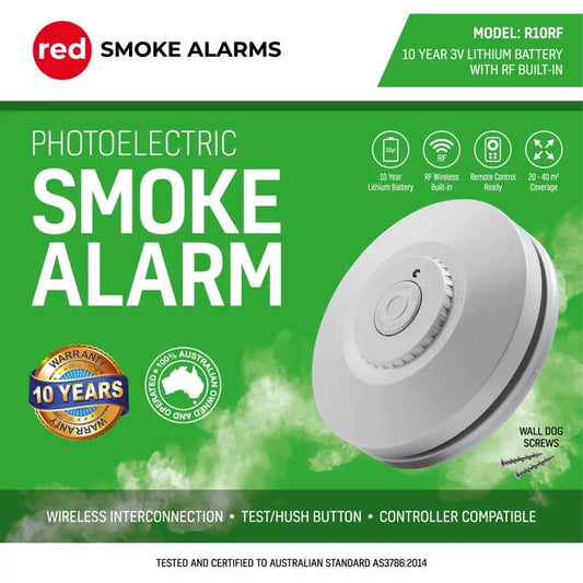 Red Smoke Alarms R10RF - Photoelectric RF Wireless smoke alarm - 10 year sealed Lithium Battery
