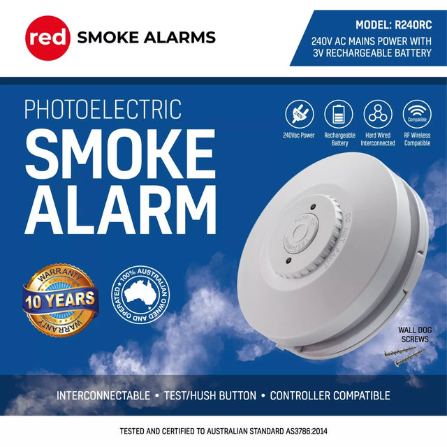 Red Smoke Alarms R240RC photoelectric smoke alarm 240V with 10 year lithium battery